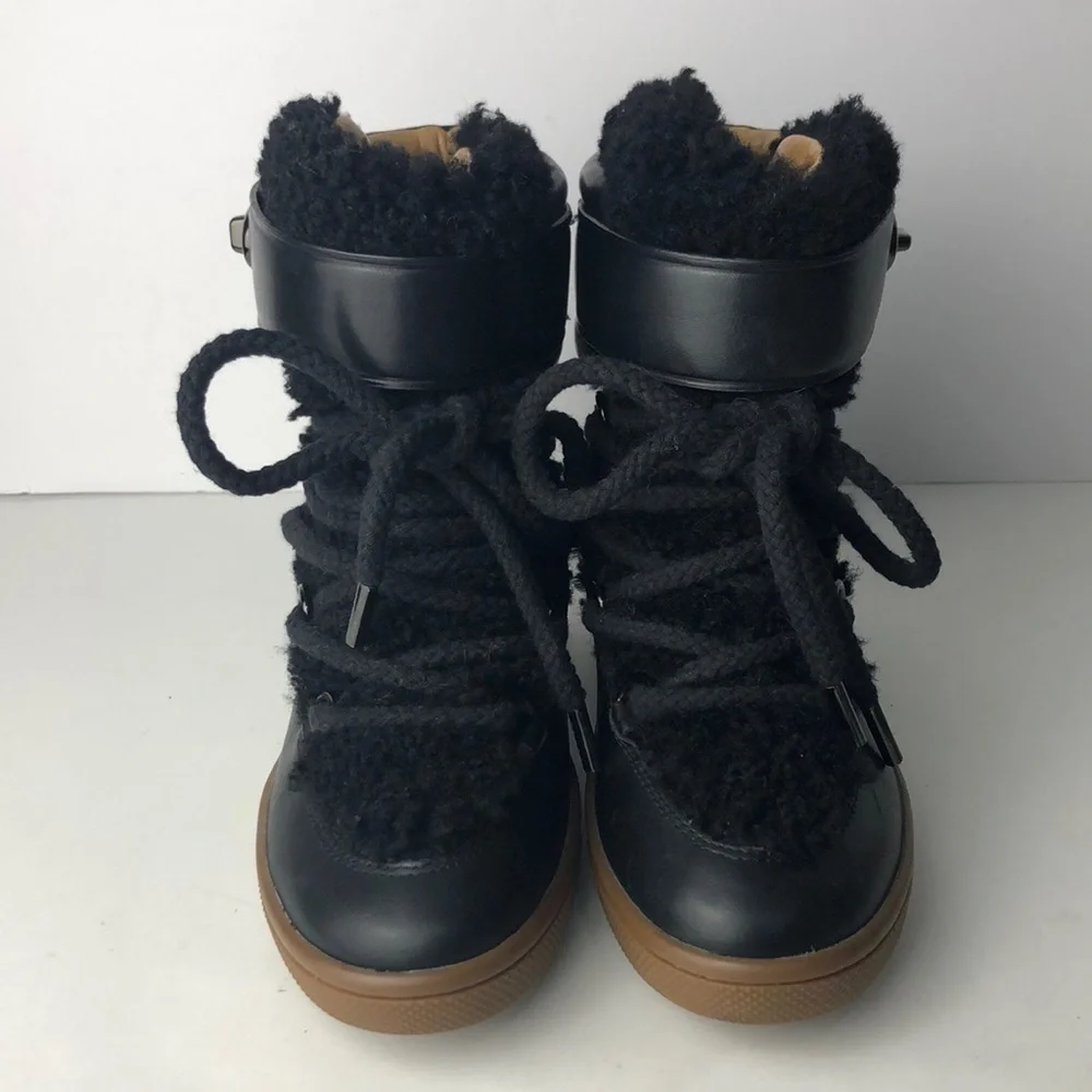 Coach Monroe Black Leather Shearling Ankle Wedge Boots 6